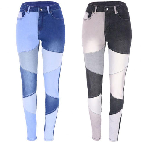 Women's Splicing Jeans Slim Casual Tight High Waist Denim Trousers for Female Vintage Patchwork Skinny Pants Streetwear